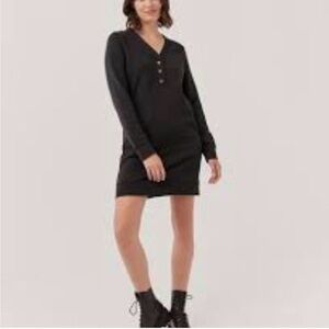 Pact Downtime Organic Cotton Long Sleeve Henley Dress Black-Medium